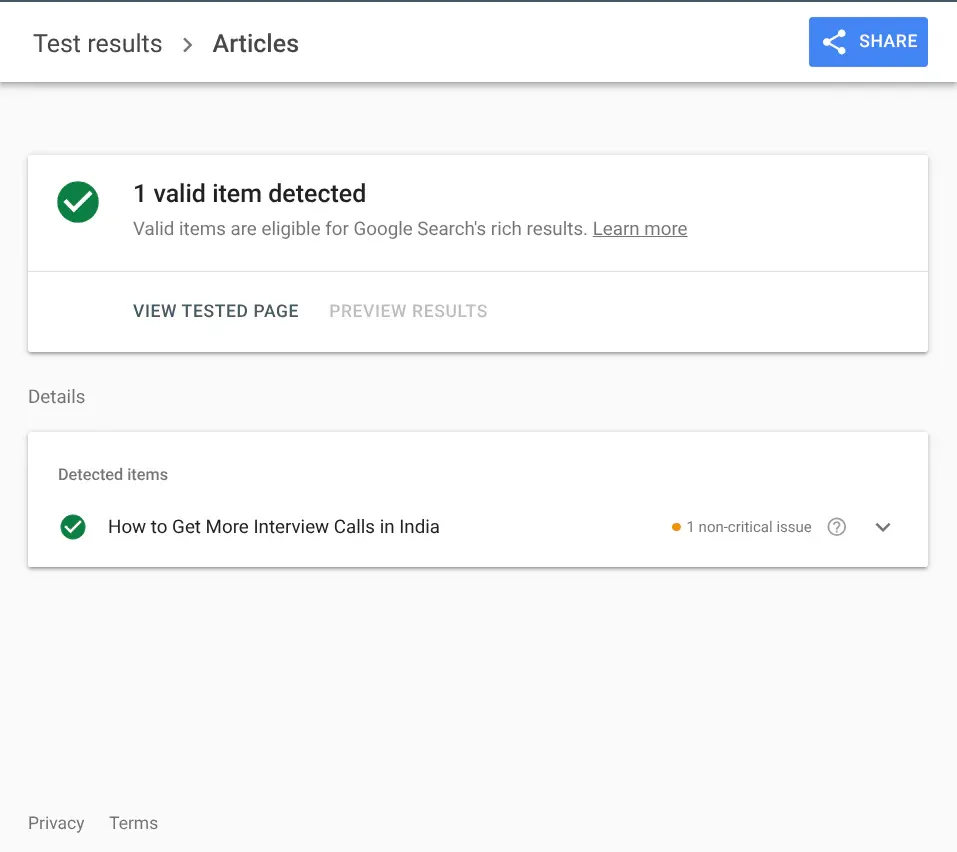 Google Rich Results Test showing one valid Article item for How to Get More Interview Calls in India.