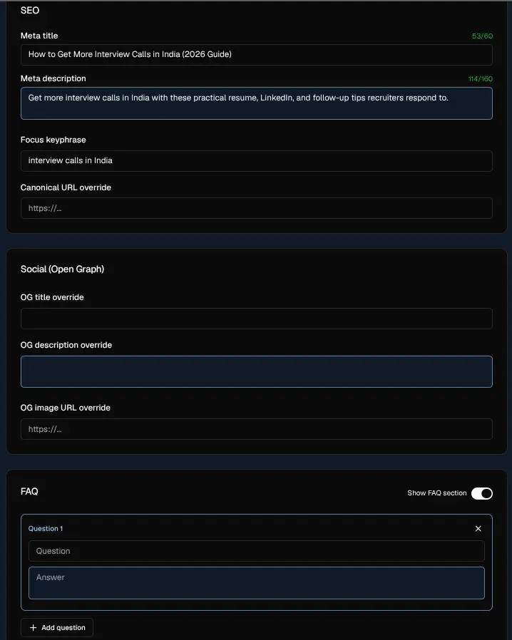 SEO fields for meta title, meta description, focus keyphrase, canonical URL, Open Graph overrides, and an FAQ section.