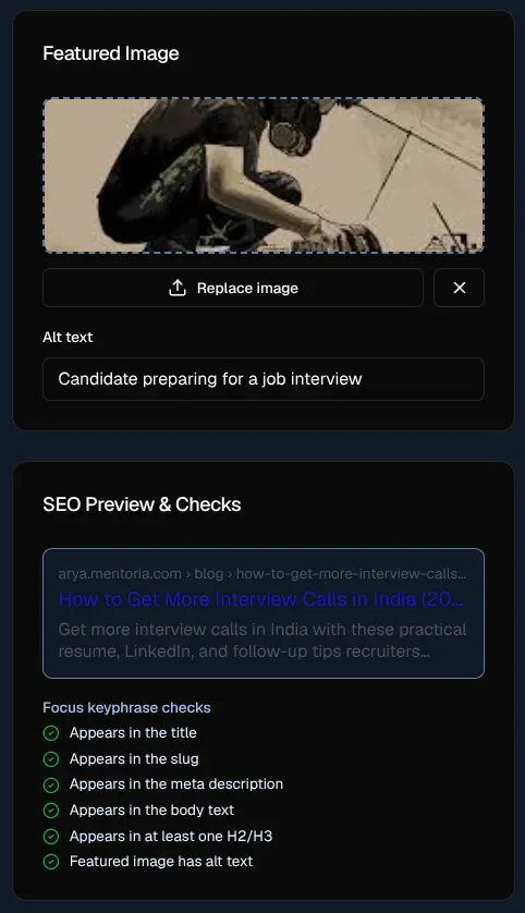SEO helper showing the search preview and focus-keyphrase checks, all passing, including featured-image alt text.